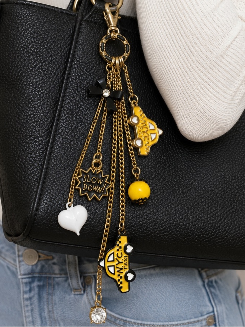 NYC Taxi Cab Multi Charm Gold Tone Bag Charm Keychain Purse Accessory